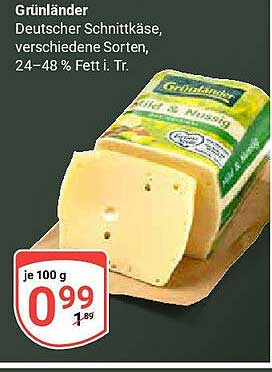 Grünländer Deutscher Schnittkäse, verschiedene Sorten, 24–48 % Fett i. Tr.