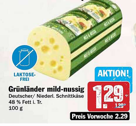Grünländer mild-nussig - Laktosefreier Schnittkäse