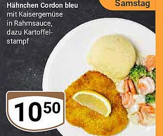 Hähnchen Cordon bleu mit Kaisergemüse in Rahmsauce, dazu Kartoffelstampf