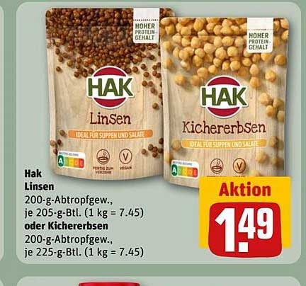 Hak Linsen oder Kichererbsen 200-g-Abtropfgewicht