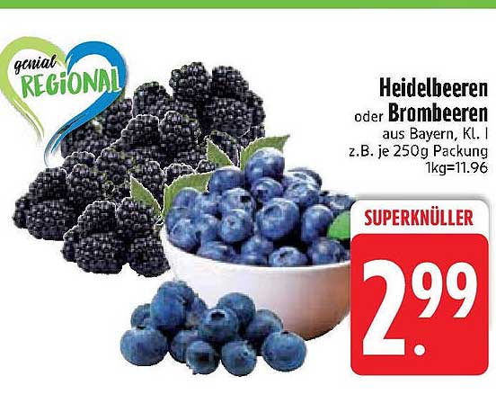 Heidelbeeren oder Brombeeren aus Bayern, Kl. I, z.B. je 250g Packung