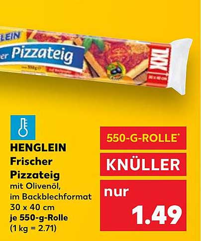HENGLEIN Frischer Pizzateig mit Olivenöl, im Backblechformat 30 x 40 cm