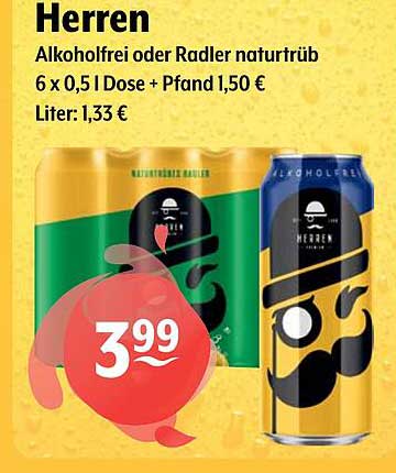 Herren Alkoholfrei oder Radler naturtrüb - 6 x 0,5 l Dose