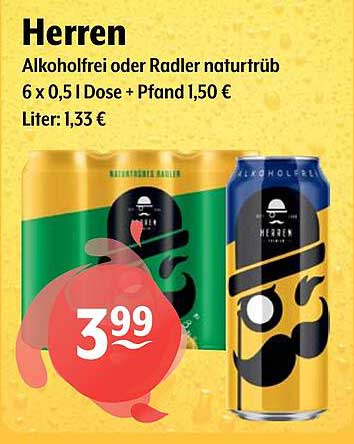 Herren Alkoholfrei oder Radler naturtrüb - 6 x 0,5 l Dose