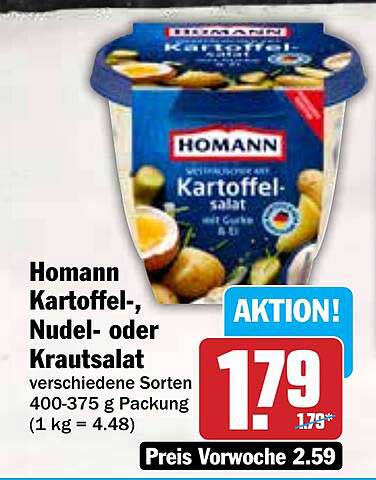 Homann Kartoffel-, Nudel- oder Krautsalat - verschiedene Sorten 400-375 g Packung