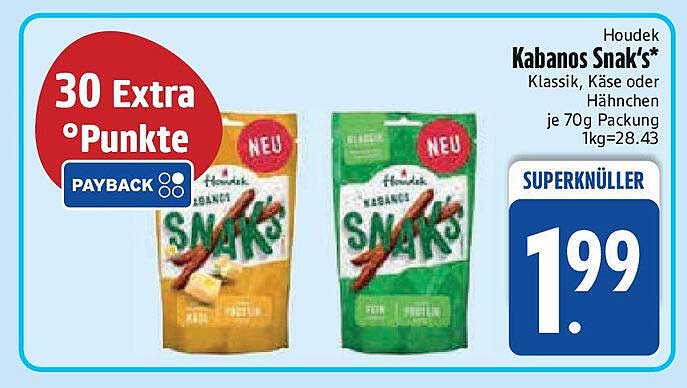 Houdek Kabanos Snak's - Klassik, Käse oder Hähnchen je 70g Packung