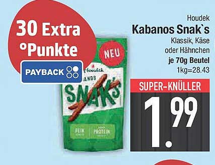Houdek Kabanos Snak`s Klassik, Käse oder Hühnchen je 70g Beutel - Super-Knüller