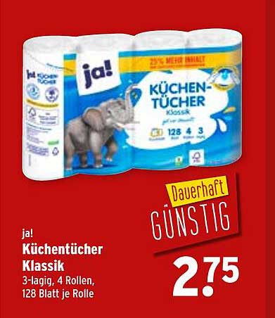 ja! Küchentücher Klassik 3-lagig, 4 Rollen, 128 Blatt je Rolle