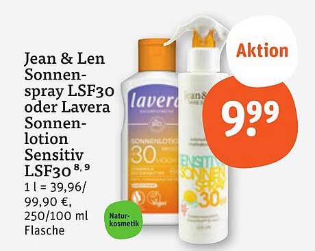 Jean & Len Sonnenspray LSF30 oder Lavera Sonnenlotion Sensitiv LSF30