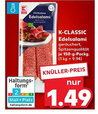 K-CLASSIC Edelsalami, geräuchert, Spitzenqualität je 150-g-Pack.