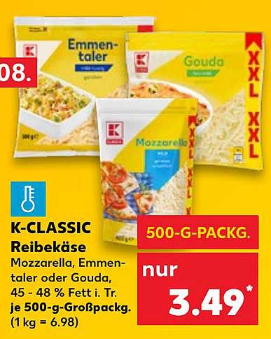 K-CLASSIC Reibekäse Mozzarella, Emmentaler oder Gouda 500-g-Packung