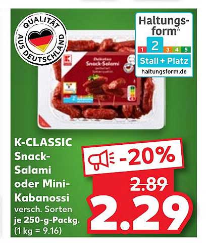 K-CLASSIC Snack-Salami oder Mini-Kabanossi, 250 g Packung