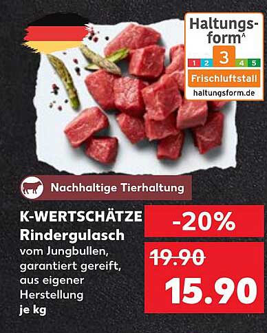 K-WERTSCHÄTZE Rindergulasch vom Jungbullen, garantiert gereift, aus eigener Herstellung je kg