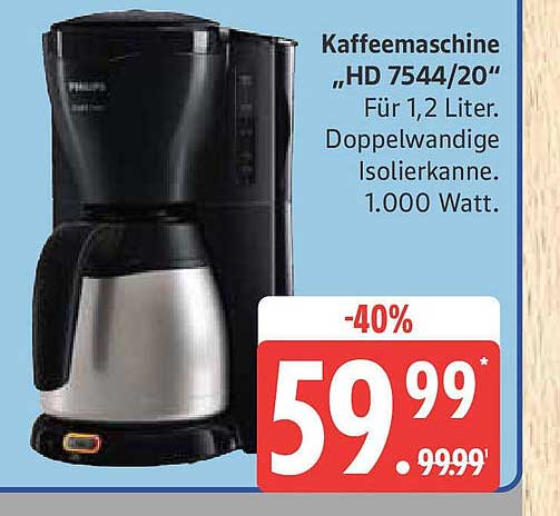 Kaffeemaschine „HD 7544/20“ für 1,2 Liter mit doppelwandiger Isolierkanne, 1.000 Watt