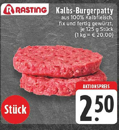 Kalbs-Burgerpatty aus 100% Kalbfleisch, fix und fertig gewürzt, je 125 g Stück