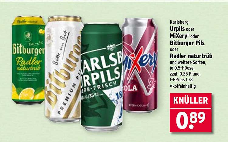 Karlsberg Urpils oder MiXery oder Bitburger Pils oder Radler naturtrüb