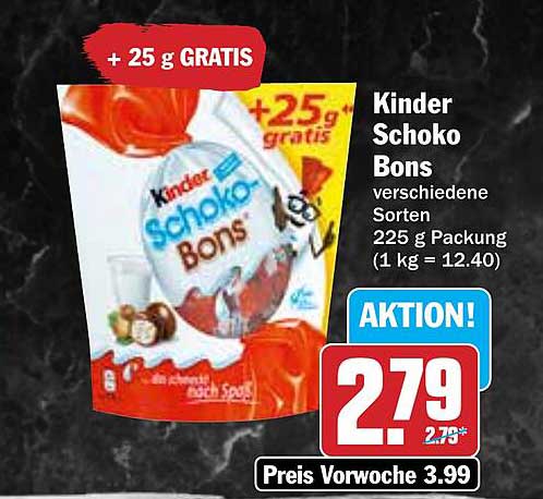 Kinder Schoko Bons verschiedene Sorten 225 g Packung + 25 g GRATIS