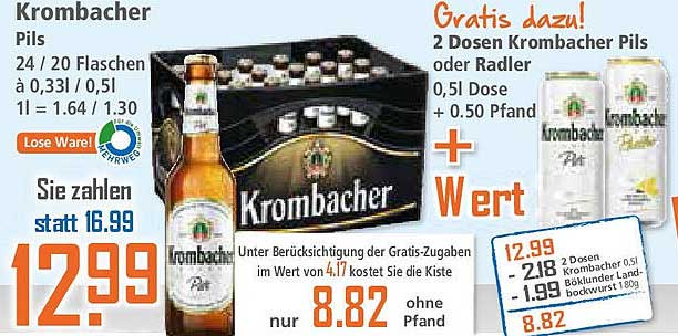 Krombacher Pils 24 Flaschen à 0,33l für nur 12,99 €