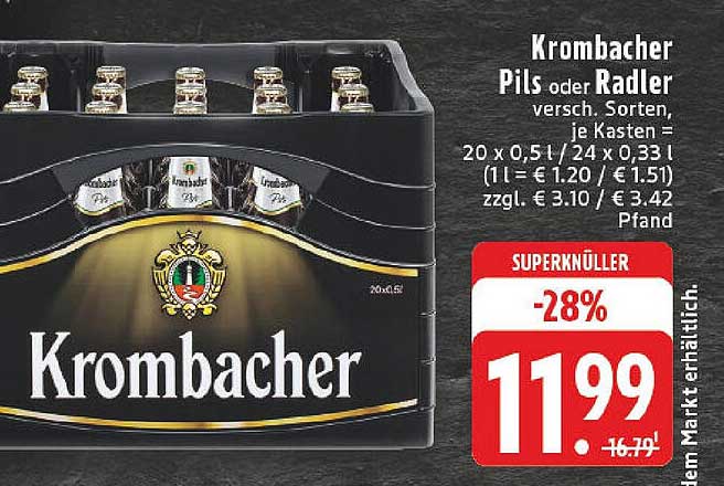 Krombacher Pils oder Radler - 20 x 0,5 l Kasten