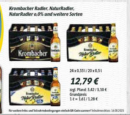 Krombacher Radler, NaturRadler, NaturRadler 0,0% und weitere Sorten im Angebot