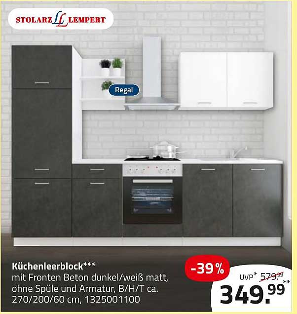 Küchenleerblock mit Fronten in Beton dunkel/weiß matt