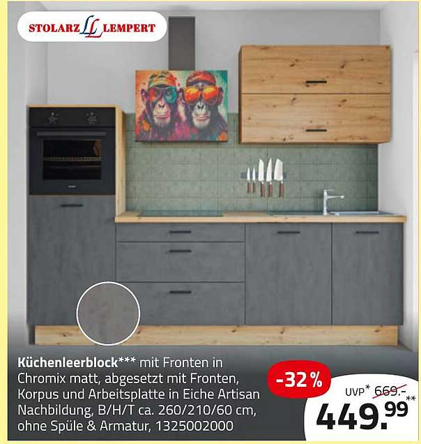 Küchenleerblock*** mit Fronten in Chromix matt, abgesetzt mit Fronten, Korpus und Arbeitsplatte in Eiche Artisan Nachbildung