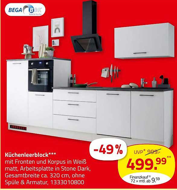 Küchenleerblock*** mit Fronten und Korpus in Weiß matt, Arbeitsplatte in Stone Dark, Gesamtbreite ca. 320 cm, ohne Spüle & Armatur, 1333010800