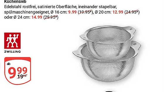 Küchensieb ZWILLING Edelstahl, Ø 16 cm, Ø 20 cm, Ø 24 cm