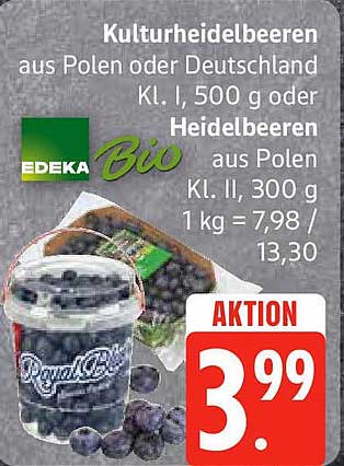 Kulturheidelbeeren aus Polen oder Deutschland Kl. I, 500 g oder Heidelbeeren aus Polen Kl. II, 300 g