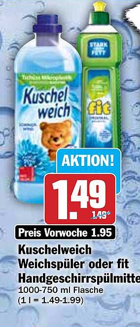 Kuschelweich Weichspüler oder fit Handspülmittel 1000-750 ml Flasche