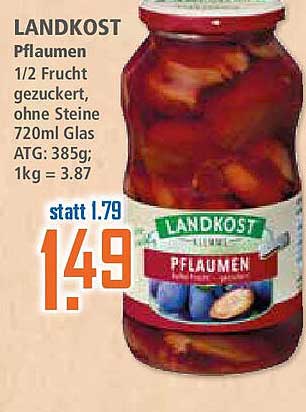 LANDKOST Pflaumen 1/2 Frucht gezuckert, ohne Steine 720ml Glas