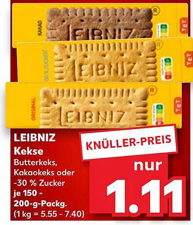 LEIBNIZ Kekse Butterkeks, Kakaokeks oder -30 % Zucker, 150 - 200-g-Pack.