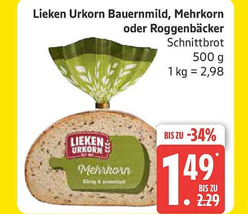 Lieken Urkorn Bauernmild, Mehrkorn oder Roggenbäcker Schnittbrot 500 g