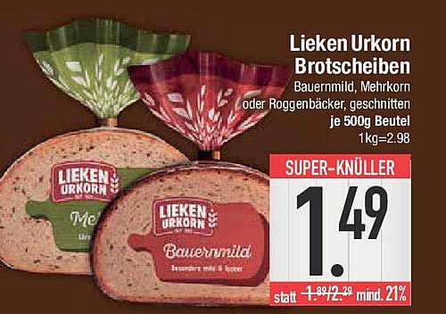 Lieken Urkorn Brotscheiben – Bauern mild oder Mehrkorn, je 500g Beutel