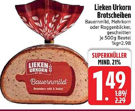 Lieken Urkorn Brotscheiben – Bauernmilch, Mehrkorn oder Roggenbäcker je 500g Beutel