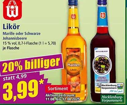 Likör Marille oder Schwarze Johannisbeere 0,7 l (15 % vol)