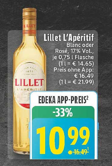 Lillet L’Apéritif Blanc oder Rosé, 0,75 l Flasche für nur 10,99 €