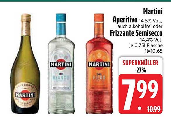 Martini Aperitivo 14,5% Vol., auch alkoholfrei oder Frizzante Semissecco 14,4% Vol. je 0,751 Flasche