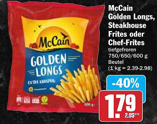 McCain Golden Longs, Steakhouse Frites oder Chef-Frites 750/650/600 g Beutel
