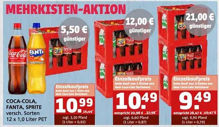 MEHRKISTEN-AKTION: Coca-Cola, Fanta, Sprite 12 x 1,0 Liter PET