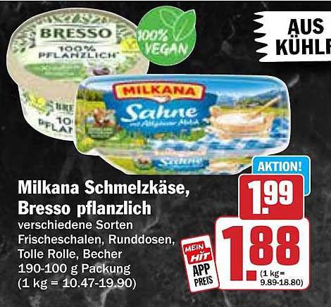 Milkana Schmelzkäse, Bresso pflanzlich