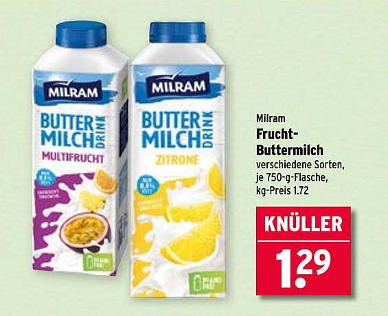 Milram Frucht-Buttermilch Drink - verschiedene Sorten, je 750-g-Flasche