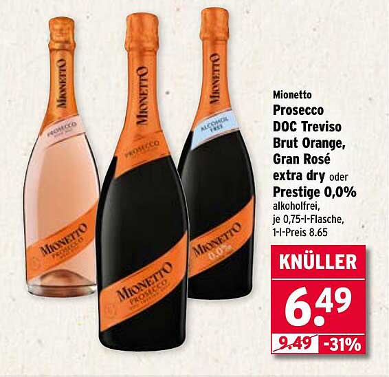 Mionetto Prosecco DOC Treviso Brut Orange, Gran Rosé extra dry oder Prestige 0,0% alkoholfrei