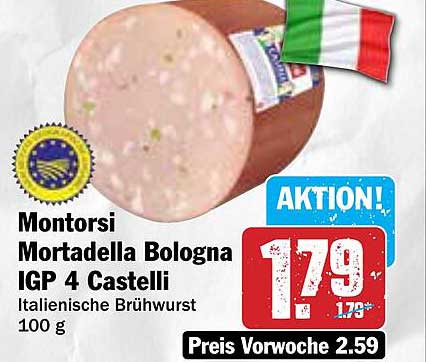 Montorsi Mortadella Bologna IGP 4 Castelli - Italienische Brühwurst 100 g