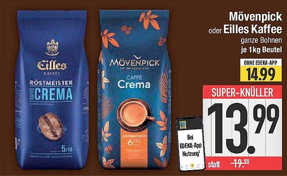 Mövenpick oder Eilles Kaffee ganze Bohnen je 1 kg Beutel