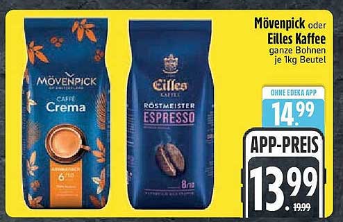 Mövenpick oder Eilles Kaffee ganze Bohnen je 1kg Beutel