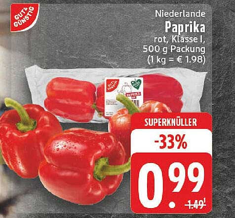 Niederlande Paprika rot, Klasse I, 500 g Packung
