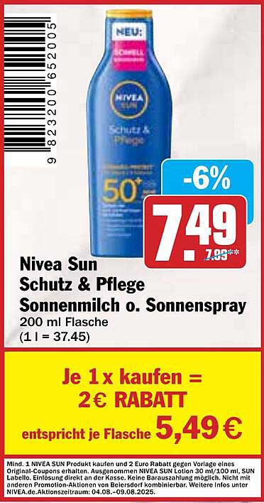 Nivea Sun Schutz & Pflege Sonnenmilch o. Sonnenspray 200 ml Flasche