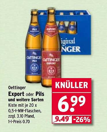 Oettinger Export oder Pils – Kiste mit 20 x 0,5-l-MW-Flaschen