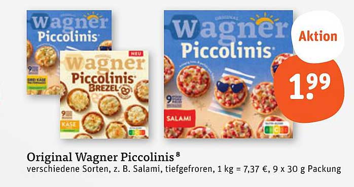 Original Wagner Piccolinis 8 verschiedene Sorten, z. B. Salami, tiefgefroren, 1 kg = 7,37 €, 9 x 30 g Packung